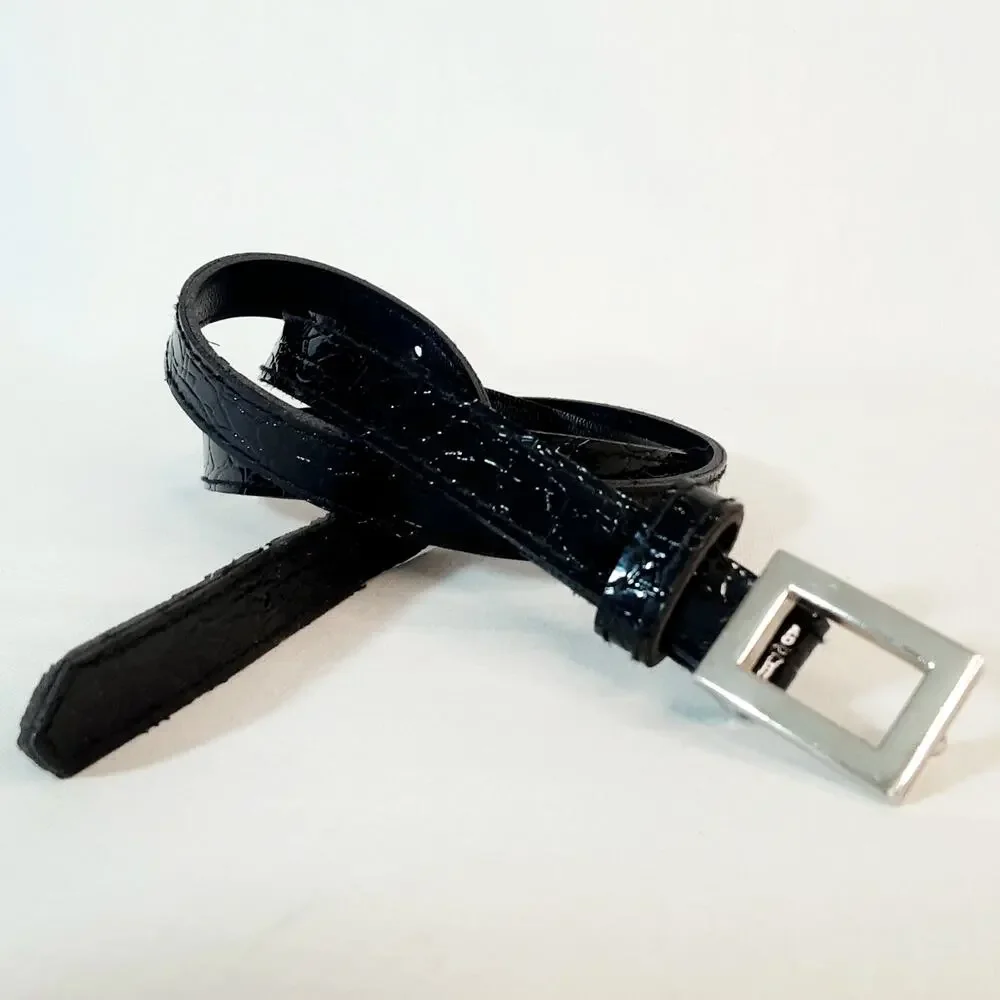 💎Womens Black Textured Faux Patent Leather Skinny Belt Size Medium Geo Buckle